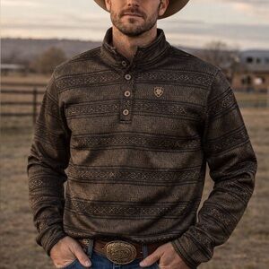 Men's Ariat quarter button up Brown Patterned Sweater size M